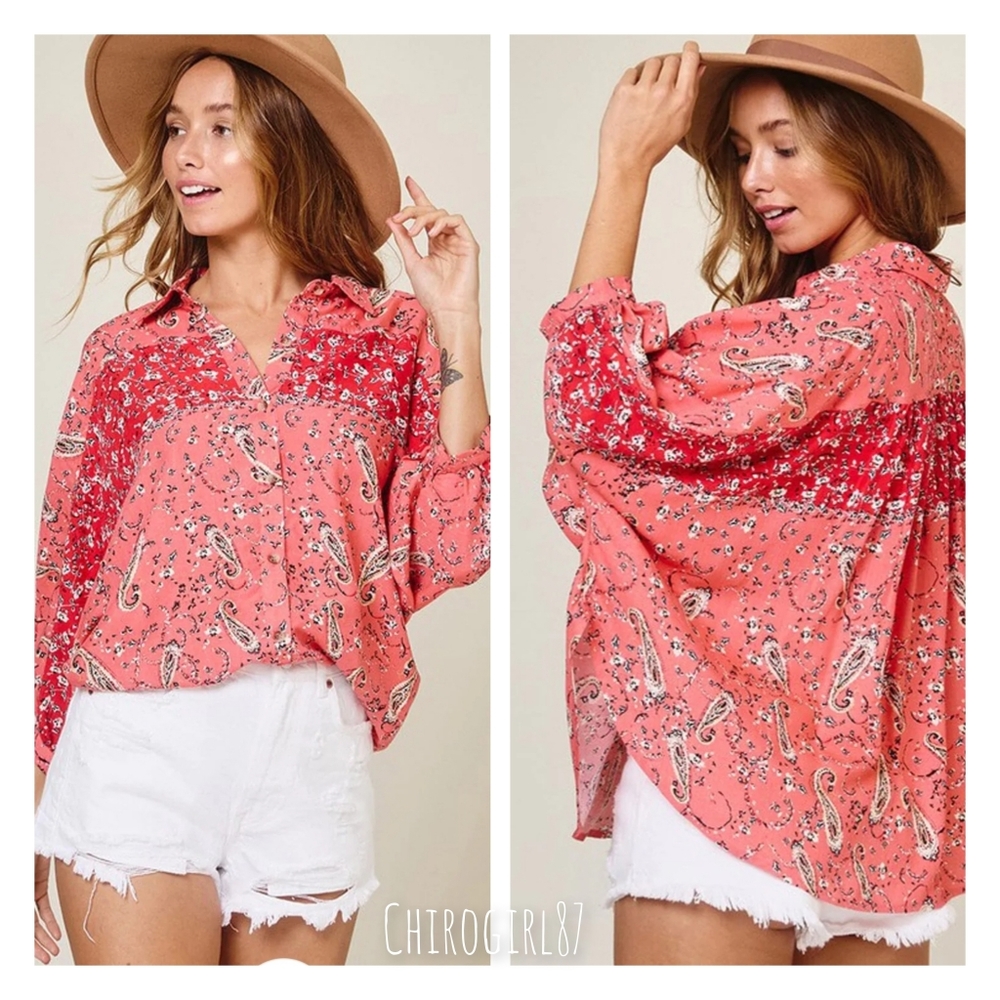 25 Red boho western Aztec paisley print flowy dolman sleeve button down top